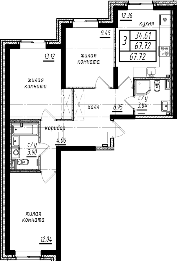 3-комнатная квартира 67.72 м², 1/25 эт., ЖК «Северная Долина»